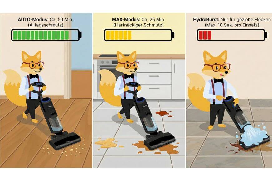 Die Akkulaufzeit wird in unterschiedlichen Situationen besser gezeigt, wann Auto-Modus, wann Max-Modus und wann HydroBurst-Modus bestenfalls verwendet werden sollte beim Tineco Floor One S7 Max Pro im Test.